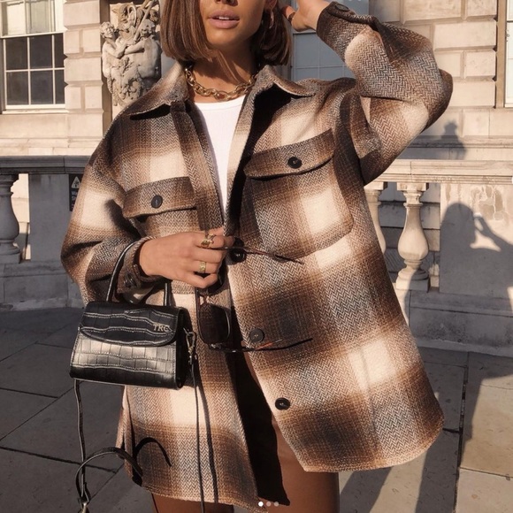 H&M Jackets & Blazers - HM “Shacket” Herringbone Weave Shirt Jacket Brown